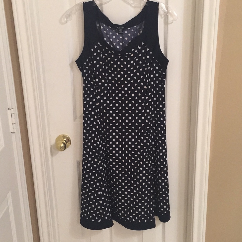 Navy blue and white polka dot A-line dress